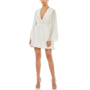 Mac Duggal Women's Cocktail Dress Size 2 White Chiffon Long Sleeve A-Line Mini